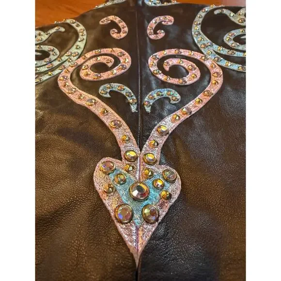 Showtime Design Leather Western Show Vest Brown with Blue/Silver Bling - Size 6